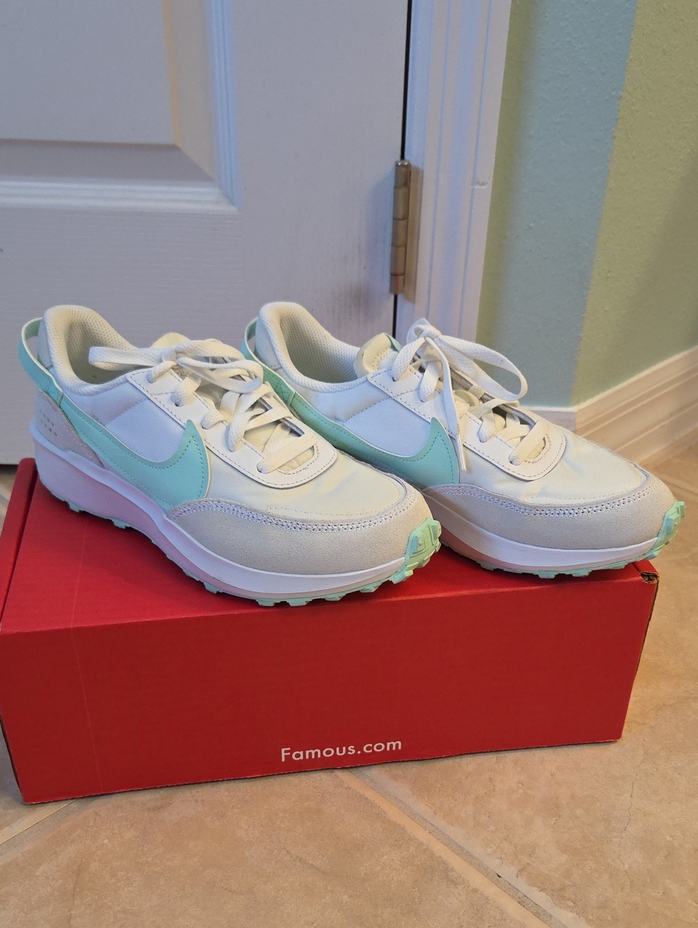 Nike Women's Waffle Debut White and Mint Green Low-Top Sneakers